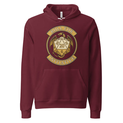 Roll For Initiative d20 dragon tabletop RPG hoodie — Maroon, front