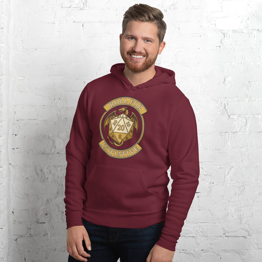 Roll For Initiative d20 dragon tabletop RPG hoodie — Maroon, on model