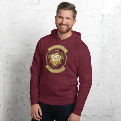 Roll For Initiative d20 dragon tabletop RPG hoodie — Maroon, on model