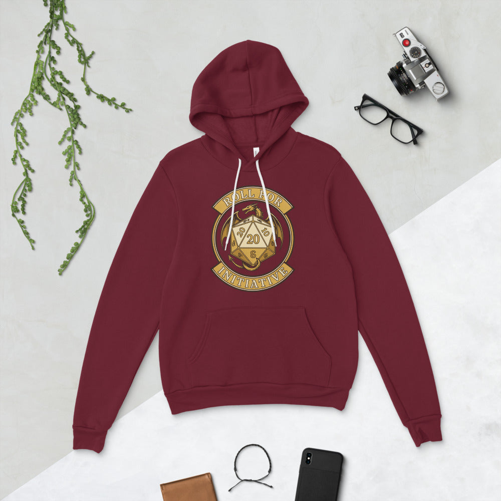 Roll For Initiative d20 dragon tabletop RPG hoodie — Maroon, flat lay