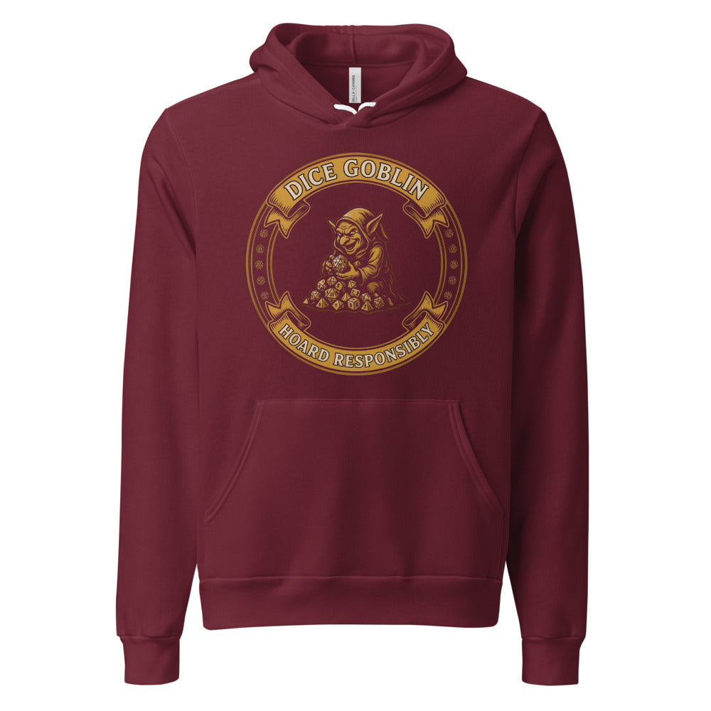 Dice Goblin Hoard Responsibly tabletop RPG hoodie — Maroon, front