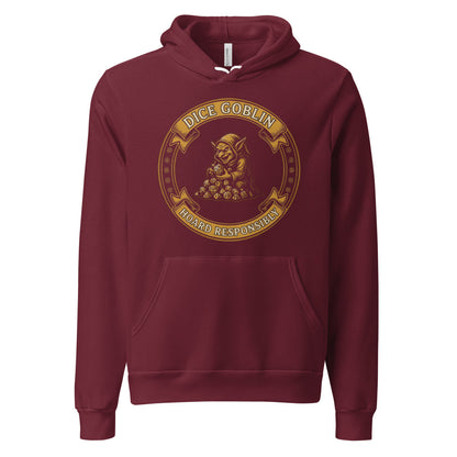 Dice Goblin Hoard Responsibly tabletop RPG hoodie — Maroon, front