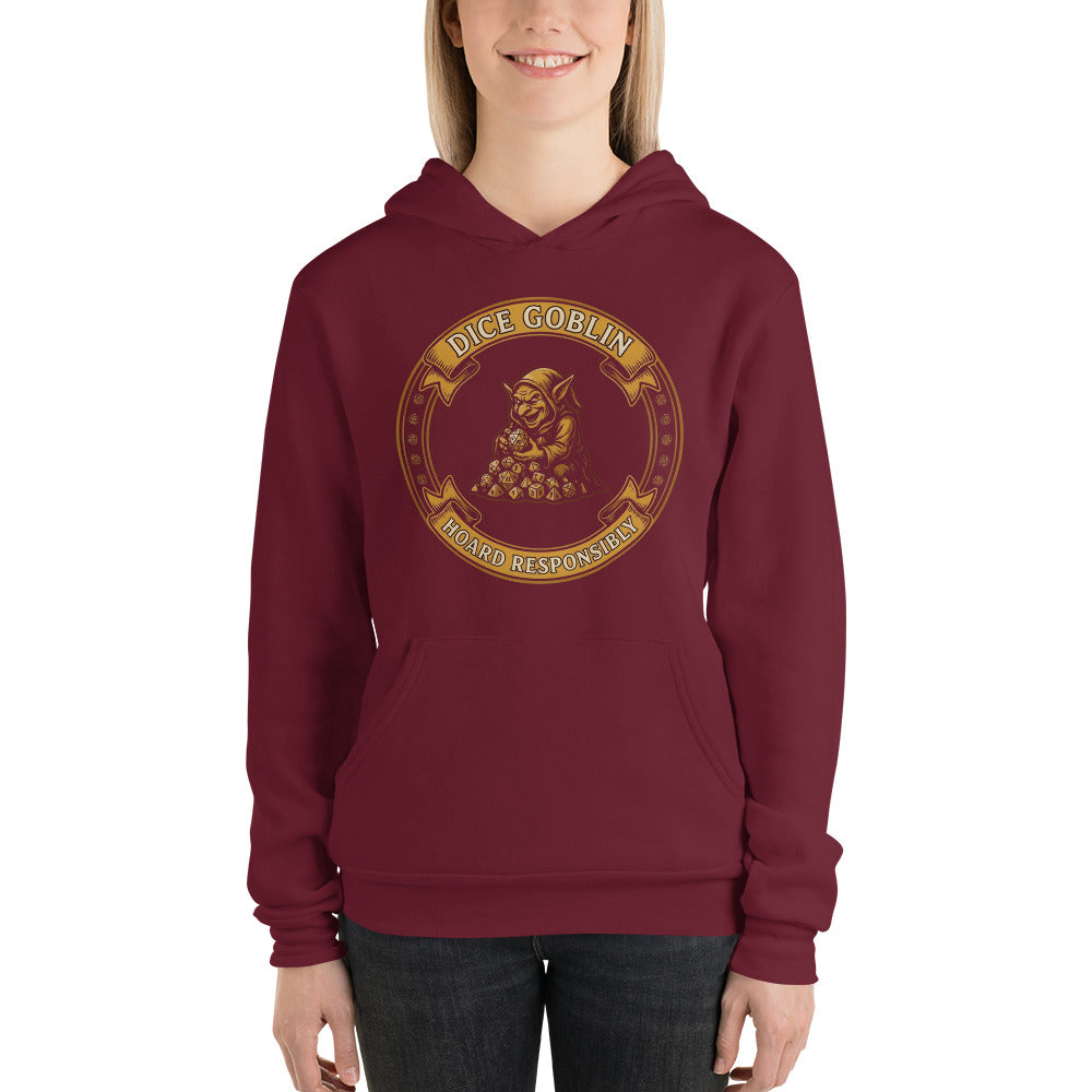 Dice Goblin Hoard Responsibly tabletop RPG hoodie — Maroon, on model