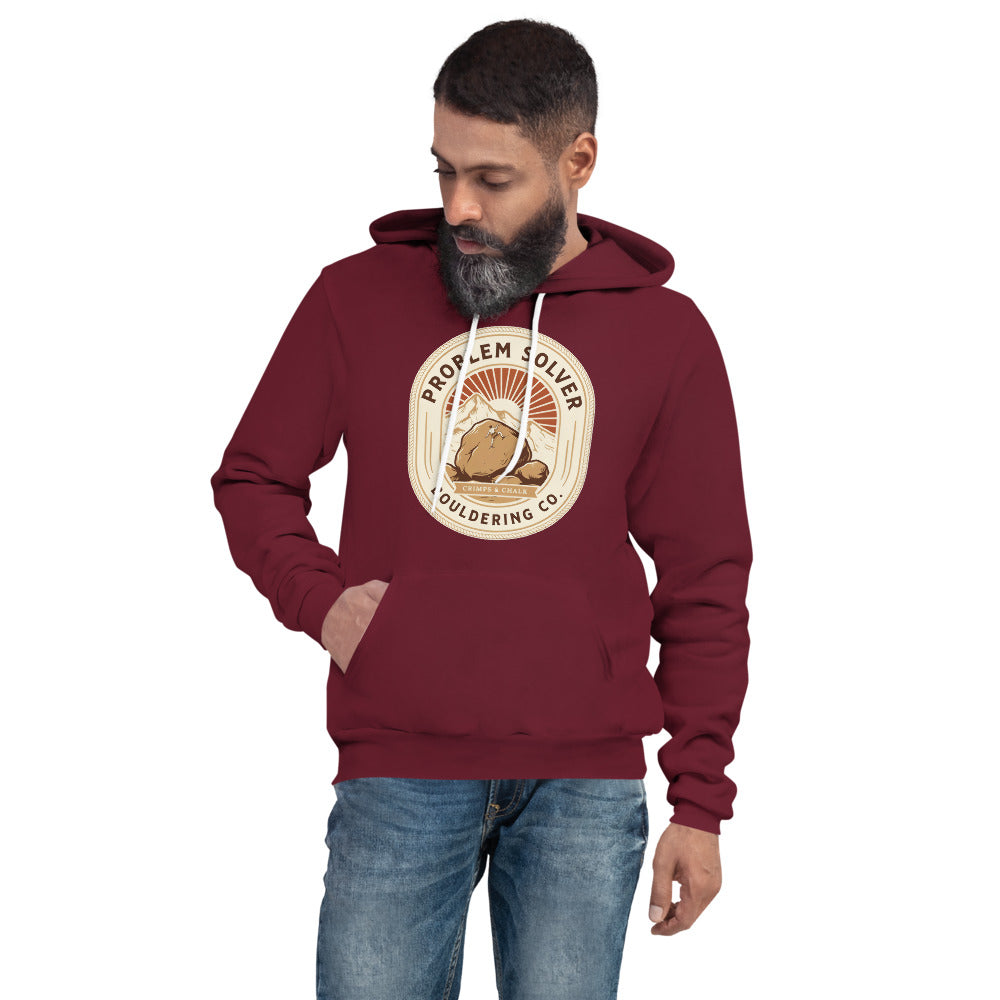 Problem Solver Bouldering Badge hoodie — Maroon, on model
