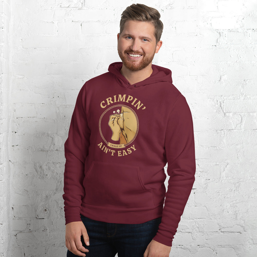 Crimpin' Ain't Easy bouldering badge hoodie — Maroon, on model