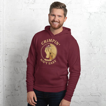 Crimpin' Ain't Easy bouldering badge hoodie — Maroon, on model