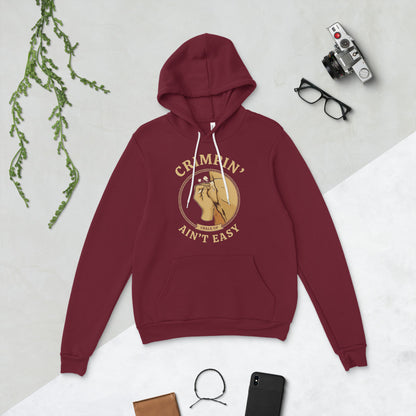 Crimpin' Ain't Easy bouldering badge hoodie — Maroon, flat lay