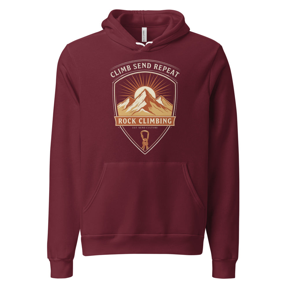 Climb Send Repeat mountaineering crest hoodie — Maroon, front