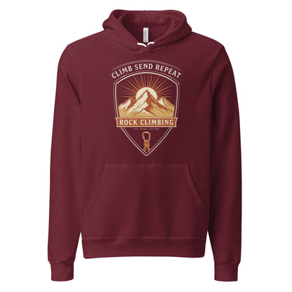 Climb Send Repeat mountaineering crest hoodie — Maroon, front