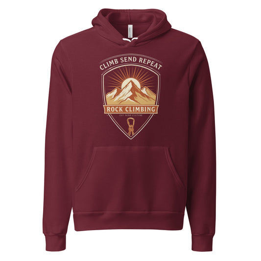 Climb Send Repeat mountaineering crest hoodie — Maroon, front