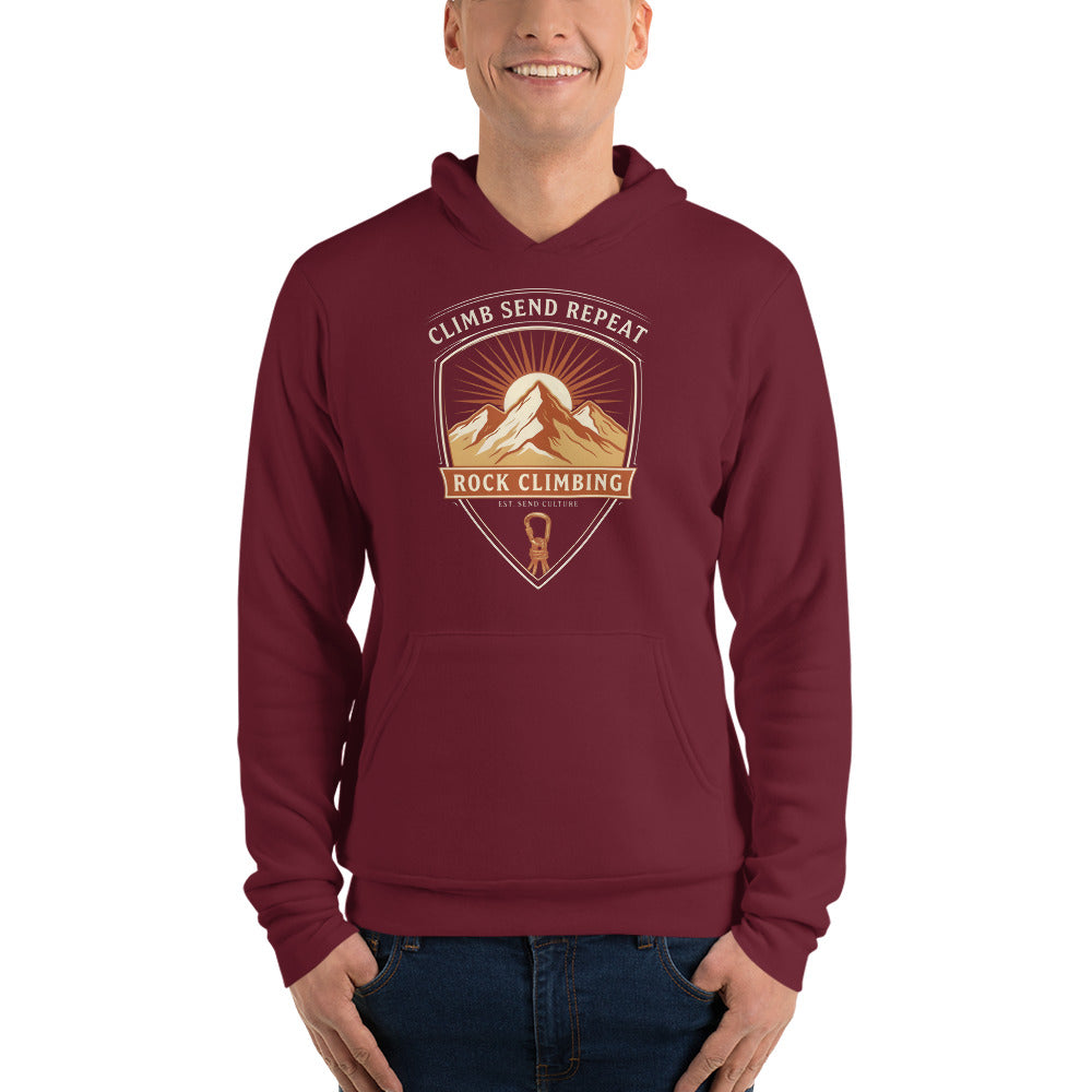 Climb Send Repeat mountaineering crest hoodie — Maroon, on model