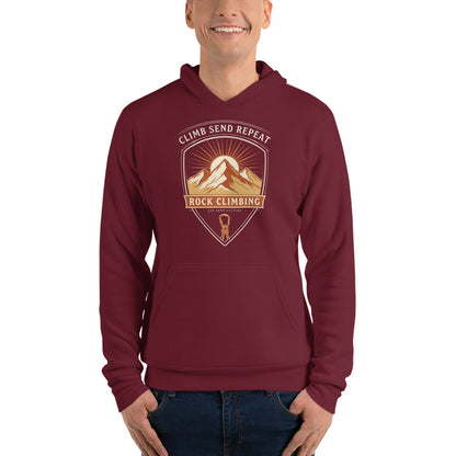 Climb Send Repeat mountaineering crest hoodie — Maroon, on model