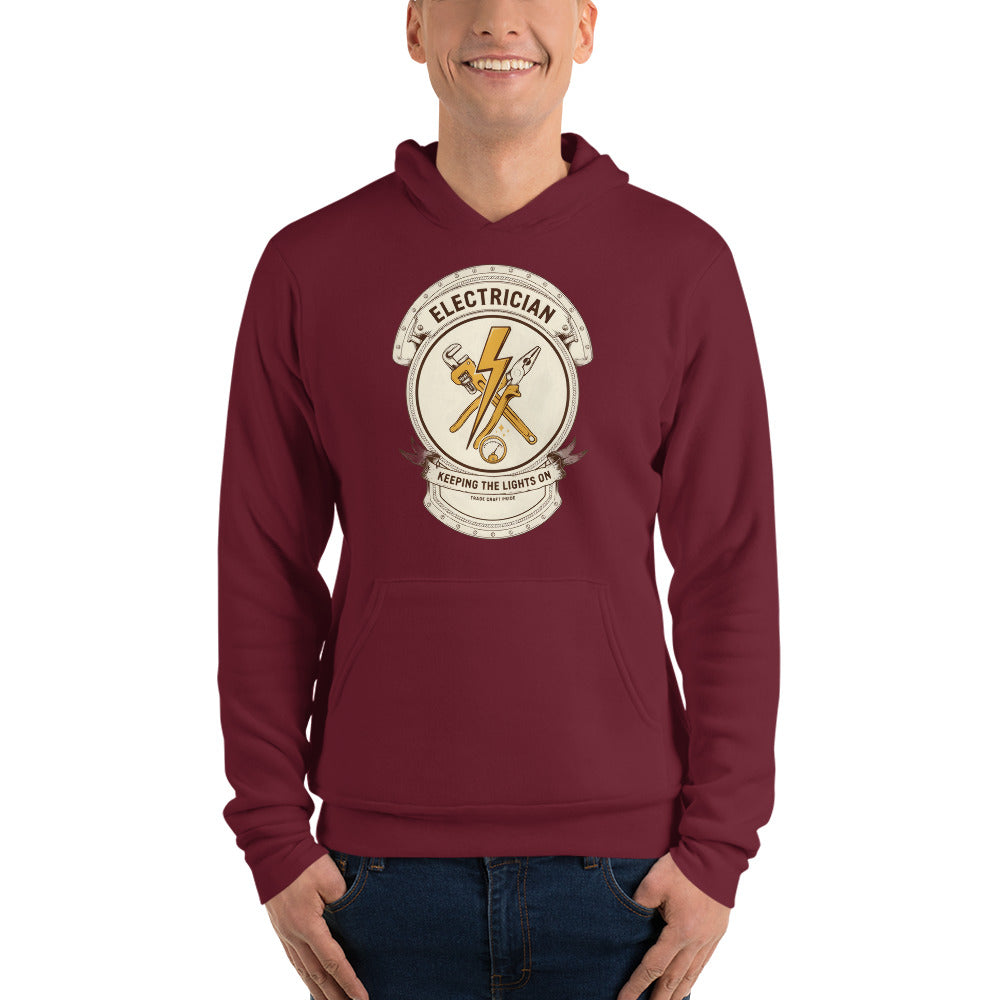 Electrician Journeyman trade crest hoodie — Maroon, on model