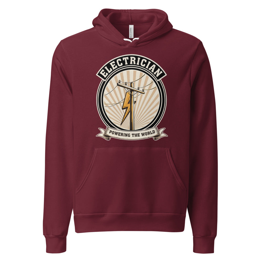Powering The World electrician emblem hoodie — Maroon, front