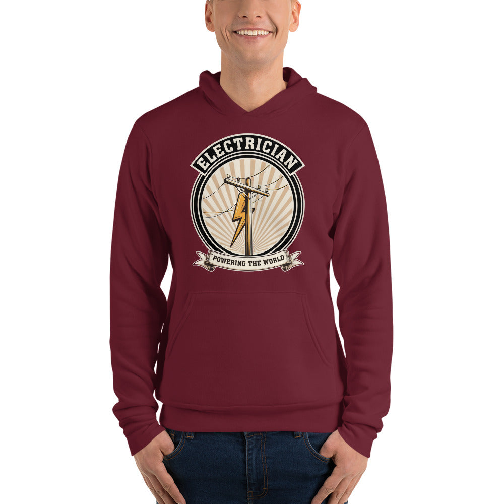 Powering The World electrician emblem hoodie — Maroon, on model