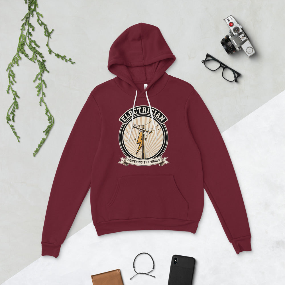 Powering The World electrician emblem hoodie — Maroon, flat lay