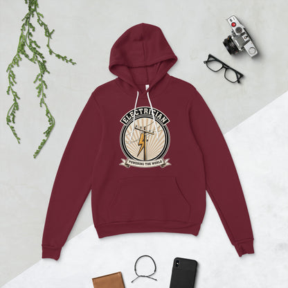 Powering The World electrician emblem hoodie — Maroon, flat lay