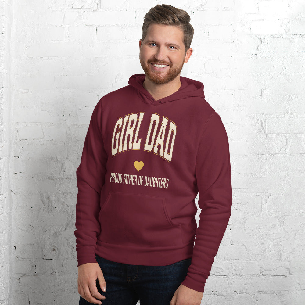 Girl Dad retro varsity hoodie — Maroon, on model
