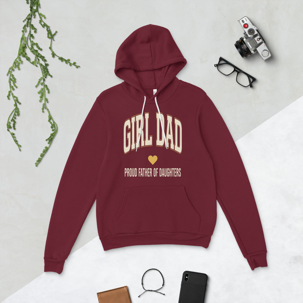 Girl Dad retro varsity hoodie — Maroon, flat lay