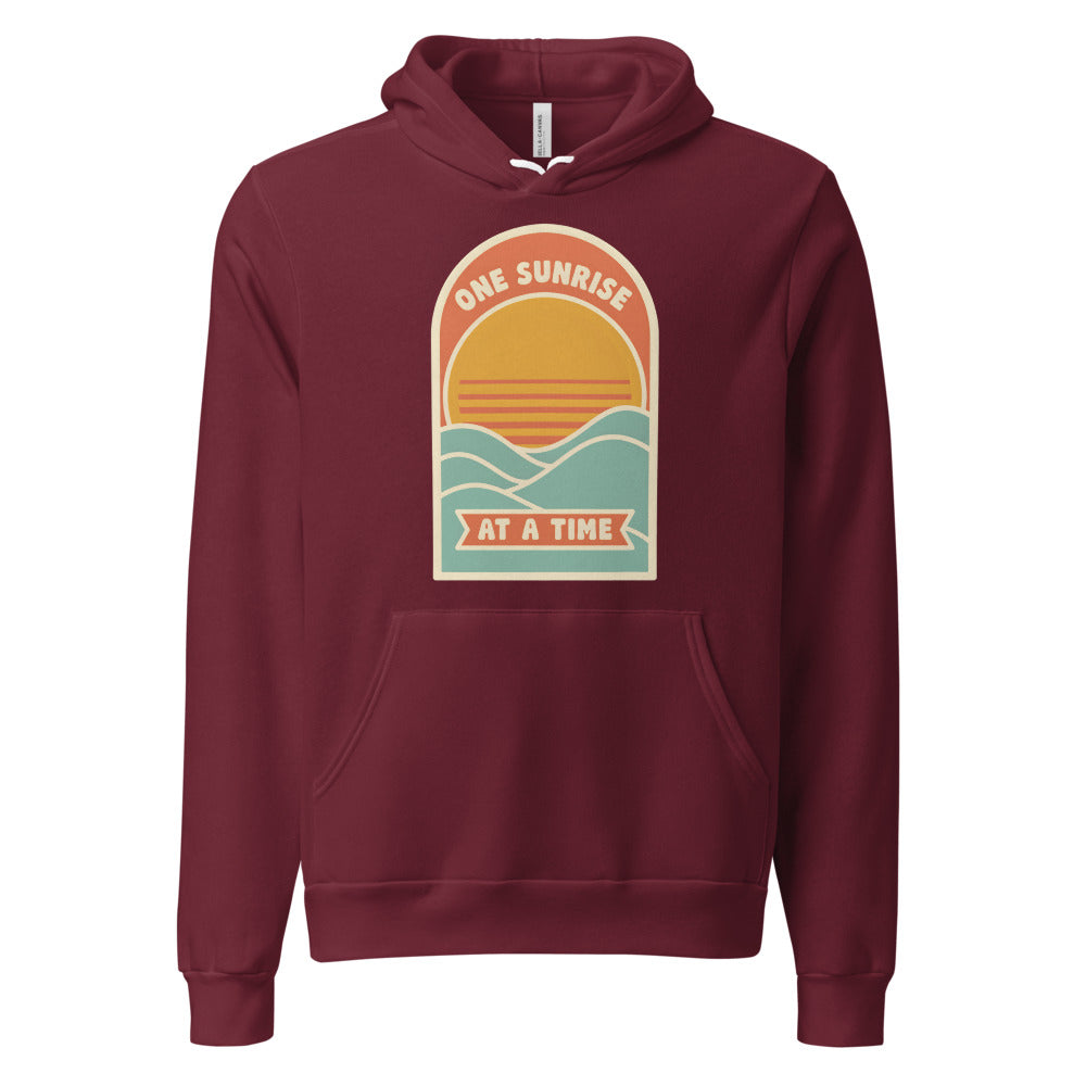One Sunrise at a Time retro sunrise hoodie — Maroon, front