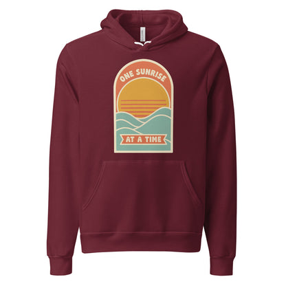 One Sunrise at a Time retro sunrise hoodie — Maroon, front