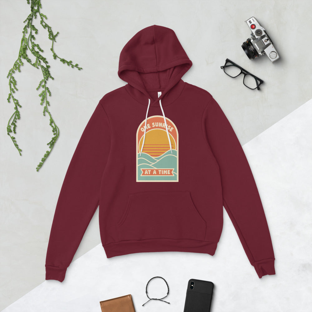 One Sunrise at a Time retro sunrise hoodie — Maroon, flat lay