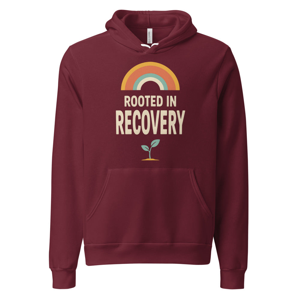 Rooted in Recovery retro rainbow hoodie — Maroon, front
