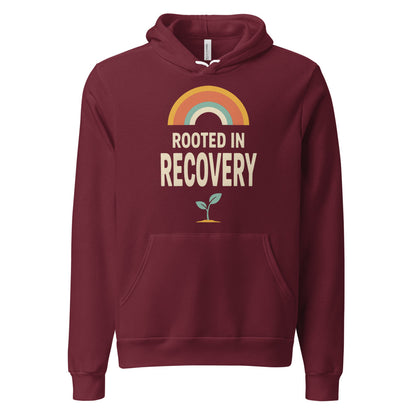 Rooted in Recovery retro rainbow hoodie — Maroon, front