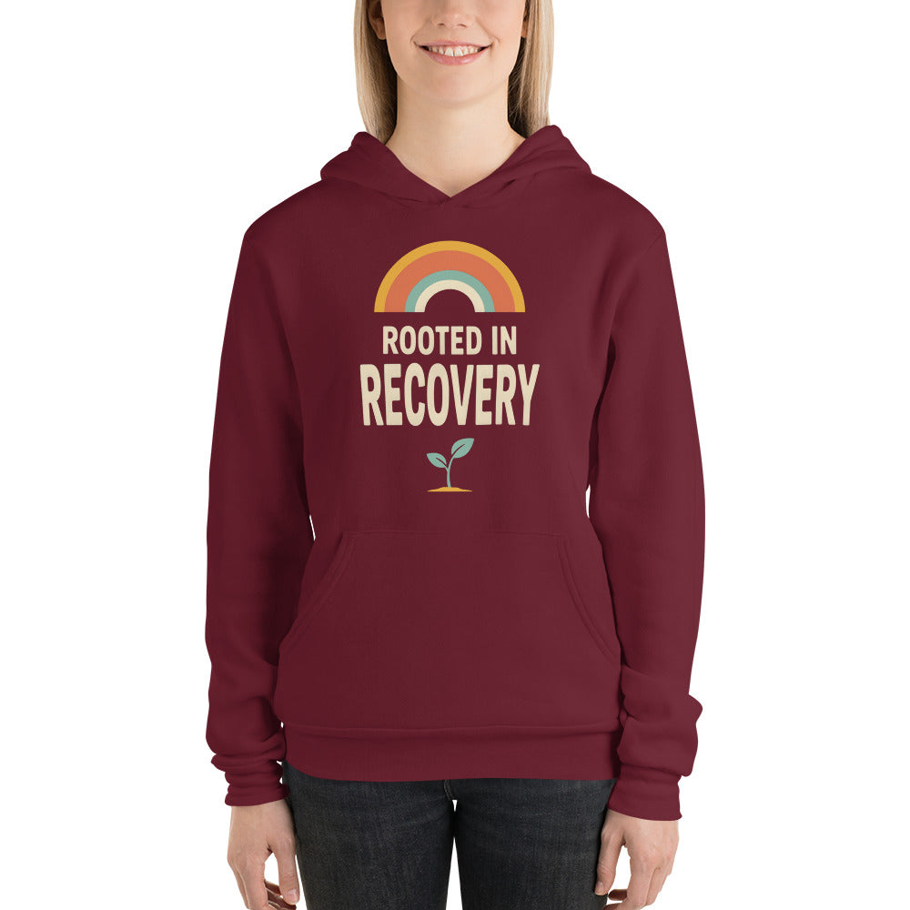 Rooted in Recovery retro rainbow hoodie — Maroon, on model