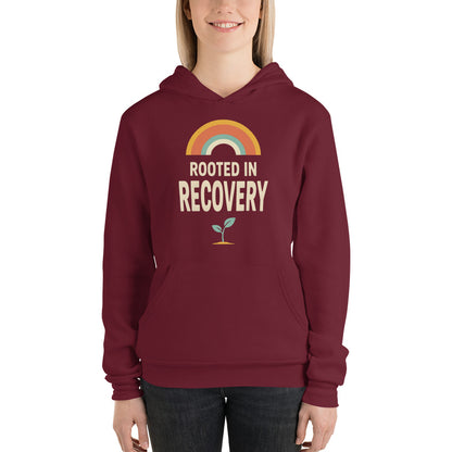 Rooted in Recovery retro rainbow hoodie — Maroon, on model