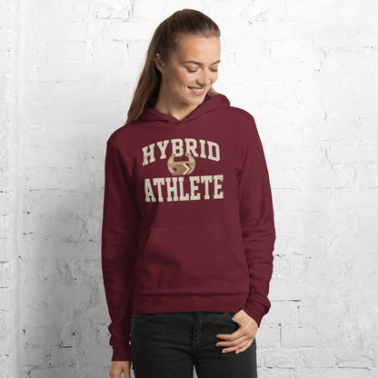 Hybrid Athlete vintage varsity hoodie — Maroon, on model