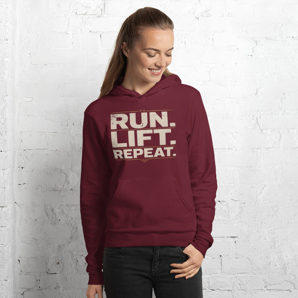 Run Lift Repeat vintage athletic hoodie — Maroon, on model