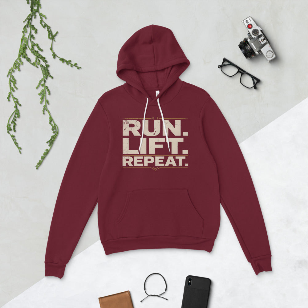 Run Lift Repeat vintage athletic hoodie — Maroon, flat lay