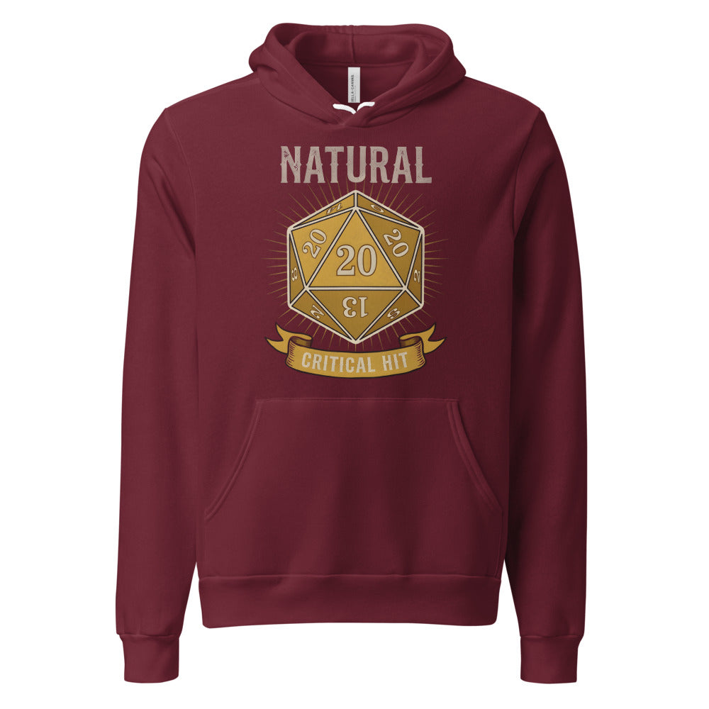 Natural 20 critical hit d20 tabletop RPG hoodie — Maroon, front
