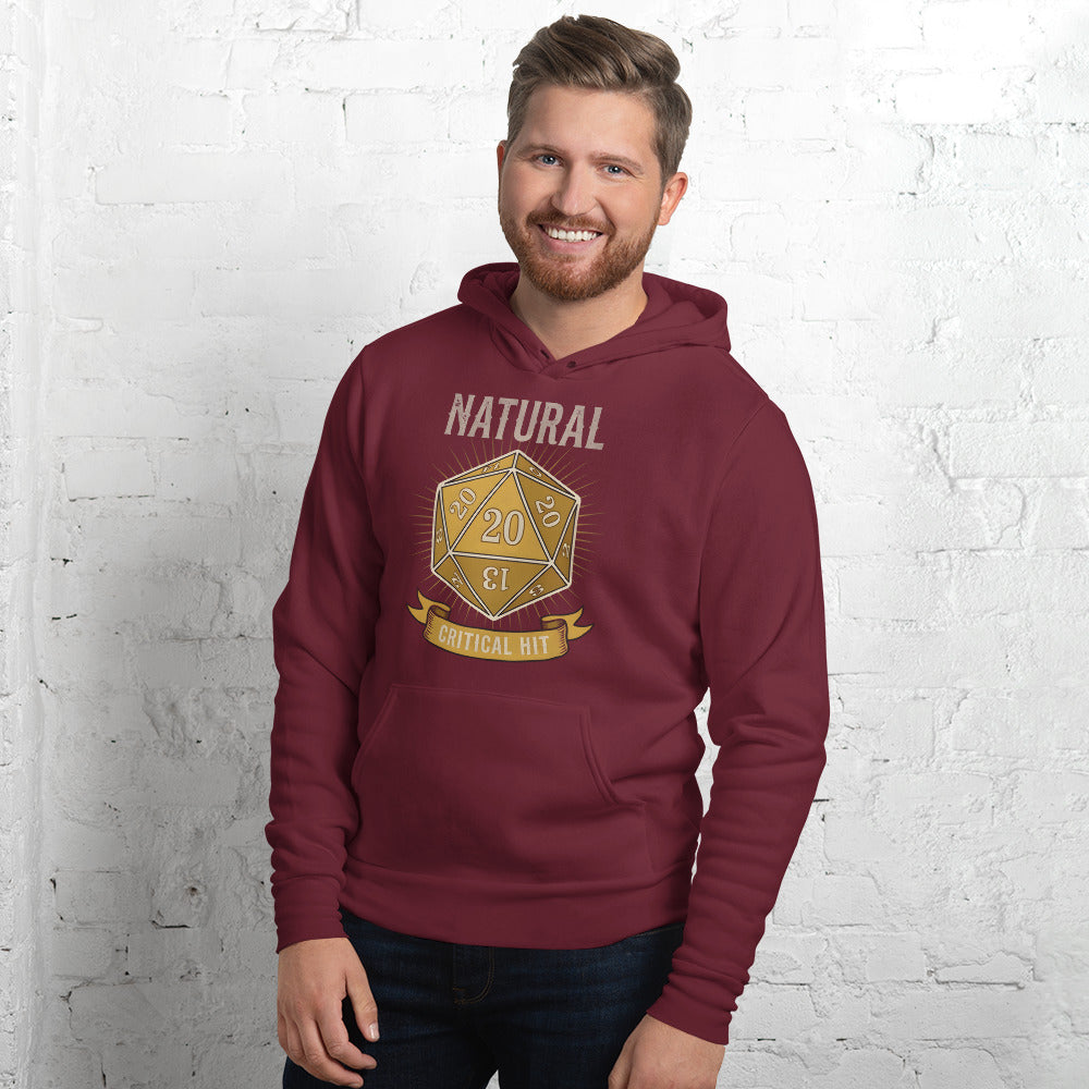 Natural 20 critical hit d20 tabletop RPG hoodie — Maroon, on model
