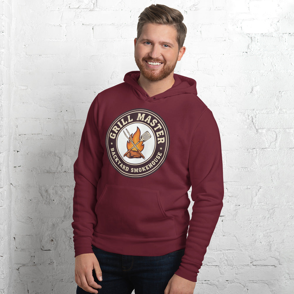 Grill Master retro backyard smokehouse hoodie — Maroon, on model