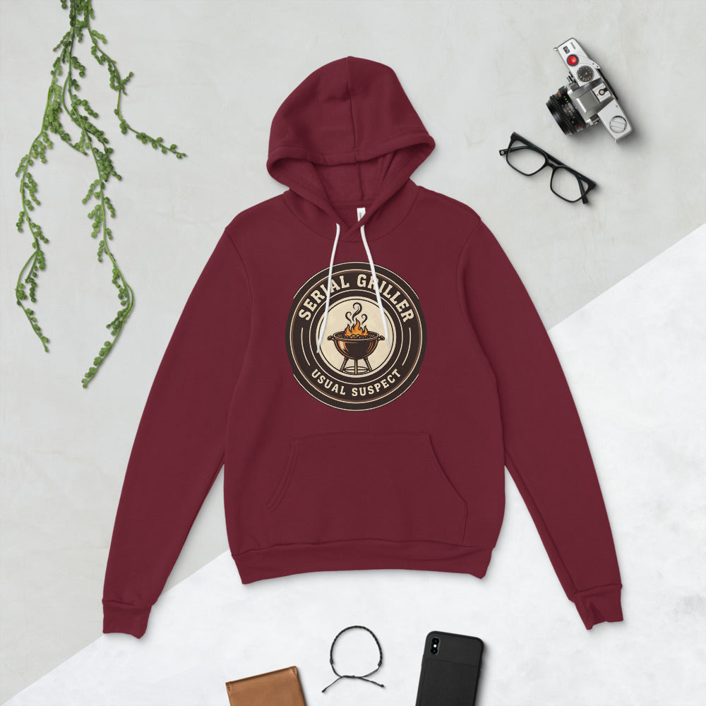 Serial Griller funny BBQ hoodie — Maroon, flat lay