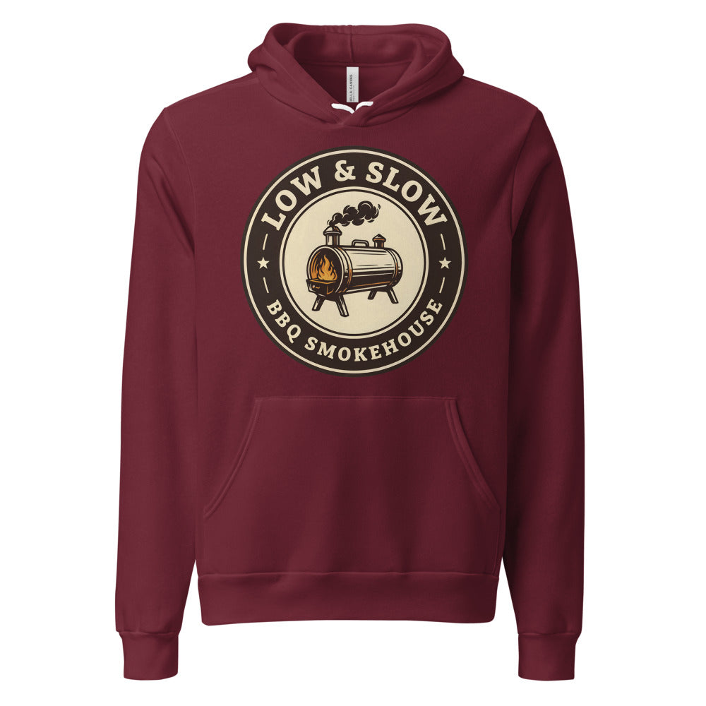 Low & Slow BBQ smoker hoodie — Maroon, front