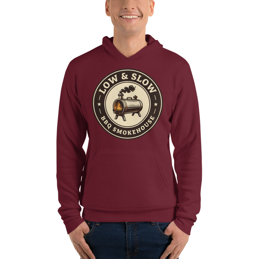 Low & Slow BBQ smoker hoodie — Maroon, on model