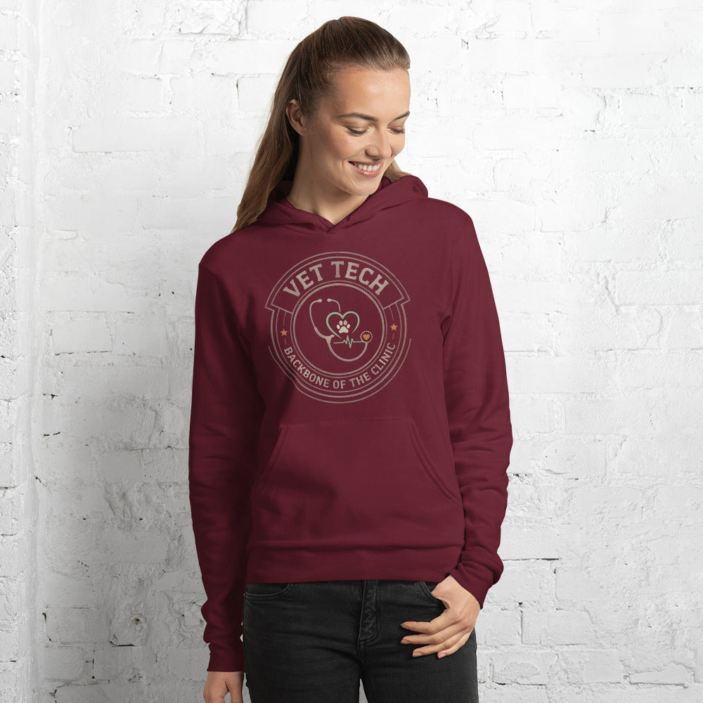Vet Tech Crest retro veterinary technician hoodie — Maroon, on model