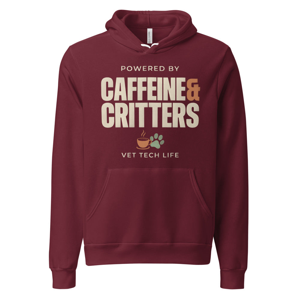 Powered by Caffeine & Critters funny vet tech hoodie — Maroon, front