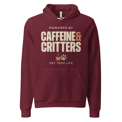 Powered by Caffeine & Critters funny vet tech hoodie — Maroon, front