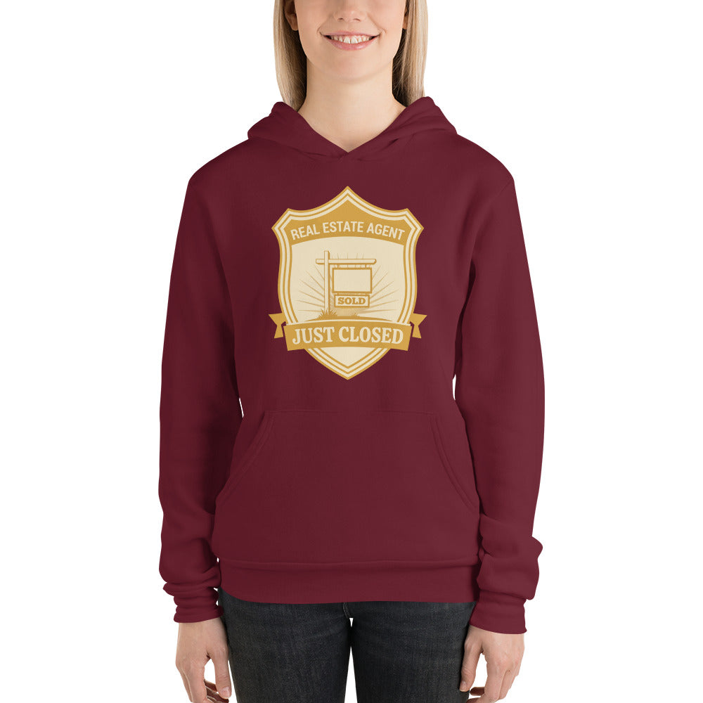 Just Closed real estate agent hoodie — Maroon, on model