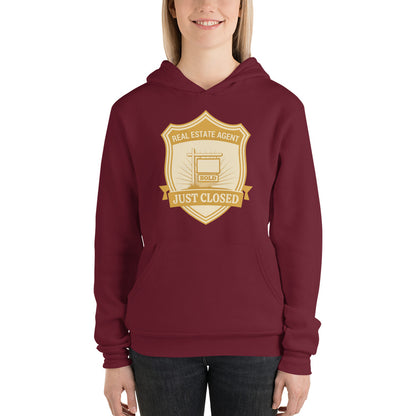 Just Closed real estate agent hoodie — Maroon, on model