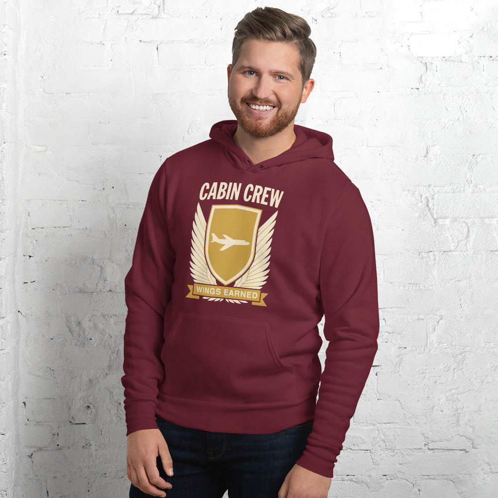 Wings Earned flight attendant hoodie — Maroon, on model