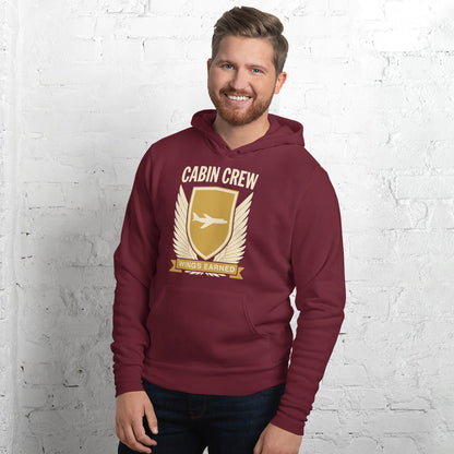 Wings Earned flight attendant hoodie — Maroon, on model