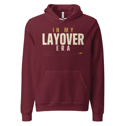 In My Layover Era flight attendant hoodie — Maroon, front