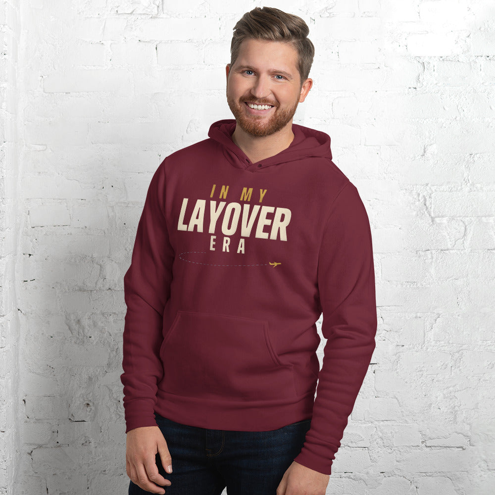 In My Layover Era flight attendant hoodie — Maroon, on model