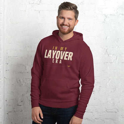 In My Layover Era flight attendant hoodie — Maroon, on model