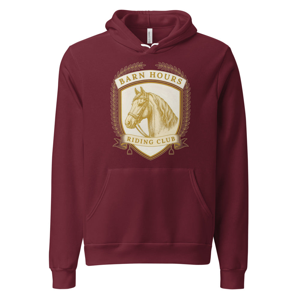 Barn Hours Riding Club vintage equestrian stable crest hoodie — Maroon, front
